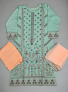 CRM blue green and peach colour thread embroidery linen fabric shalwar kameez