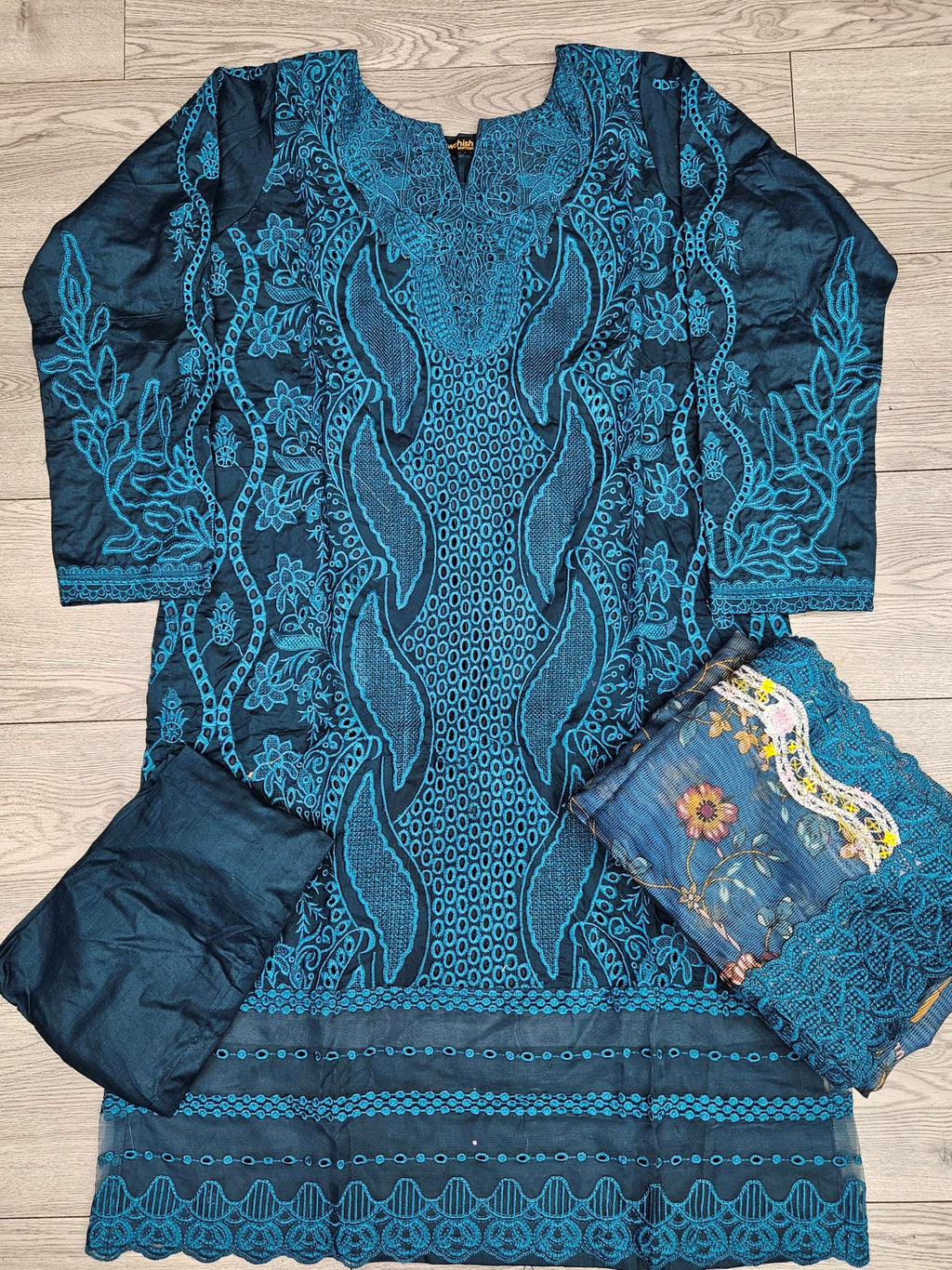 MB Teal Blue Laser-Cut Chikan Embroidery with Floral Dupatta