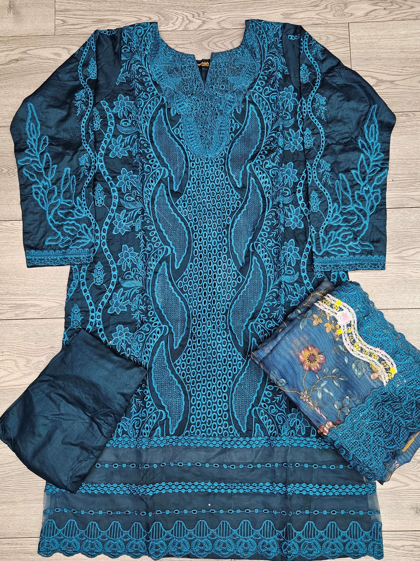 MB Teal Blue Laser-Cut Chikan Embroidery with Floral Dupatta