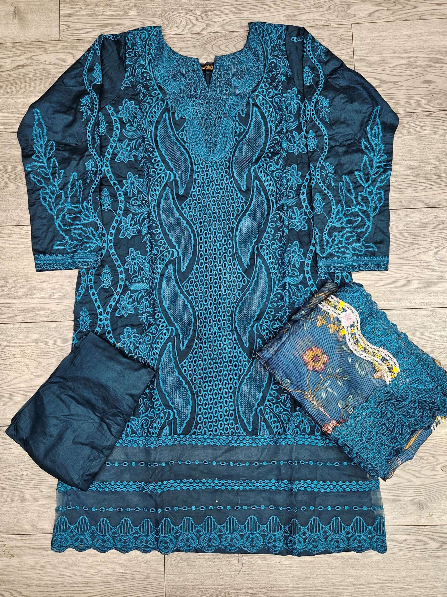 MB Teal Blue Laser-Cut Chikan Embroidery with Floral Dupatta
