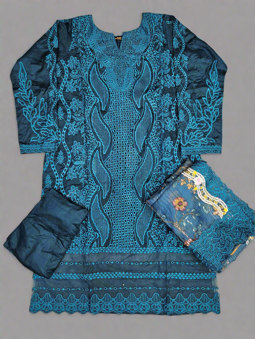 MB Teal Blue Laser-Cut Chikan Embroidery with Floral Dupatta
