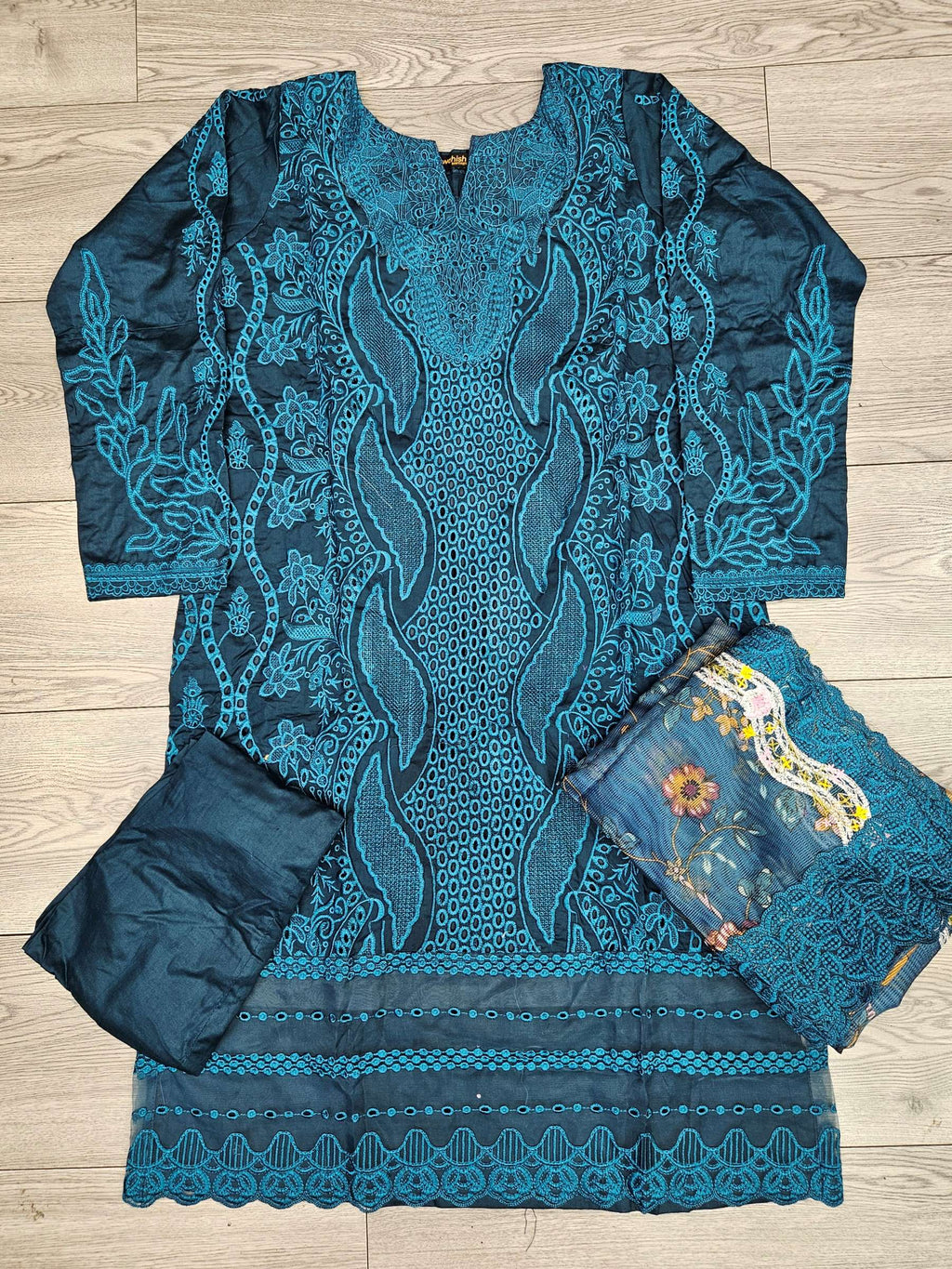 MB Teal Blue Laser-Cut Chikan Embroidery with Floral Dupatta
