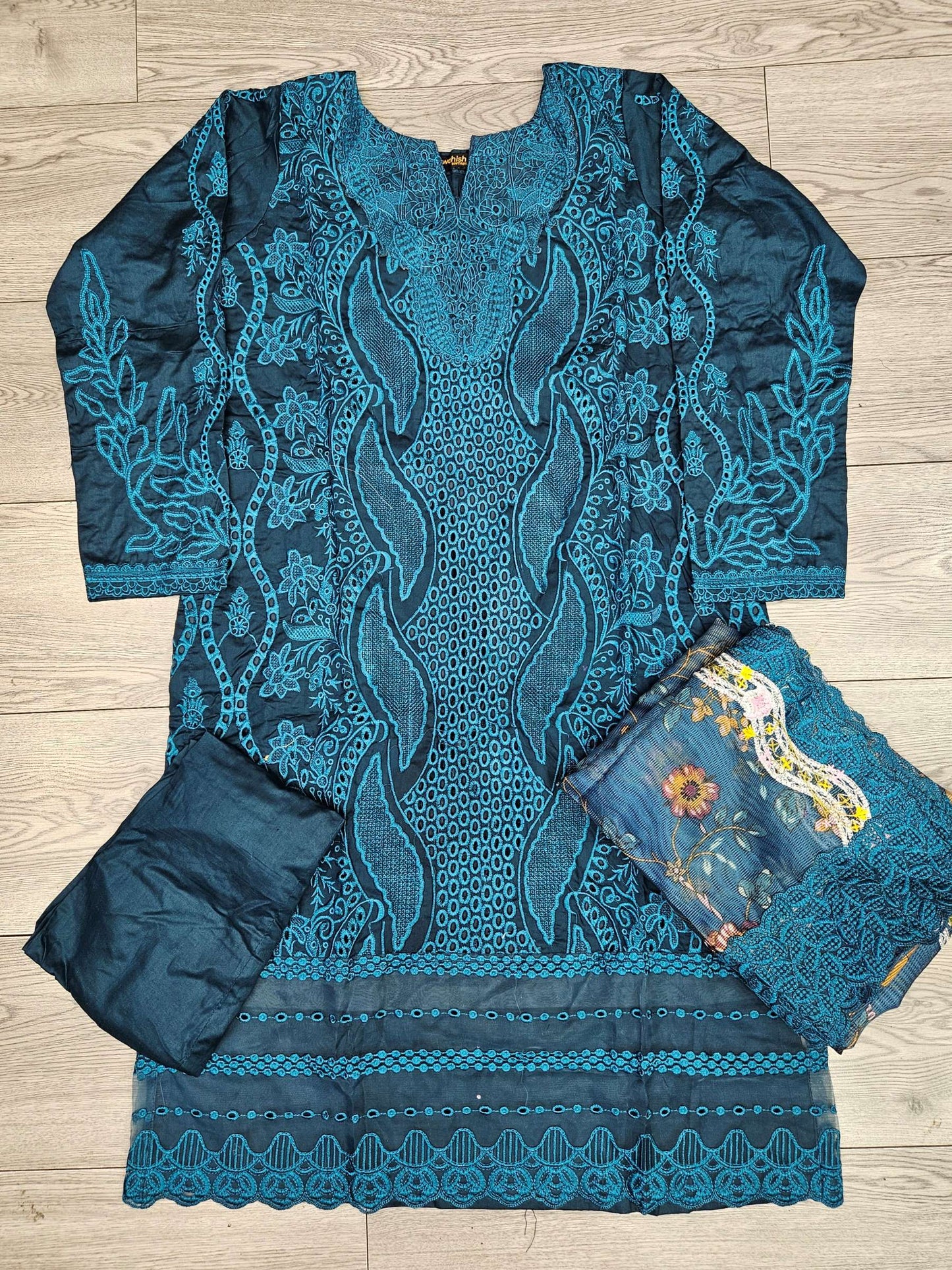 MB Teal Blue Laser-Cut Chikan Embroidery with Floral Dupatta