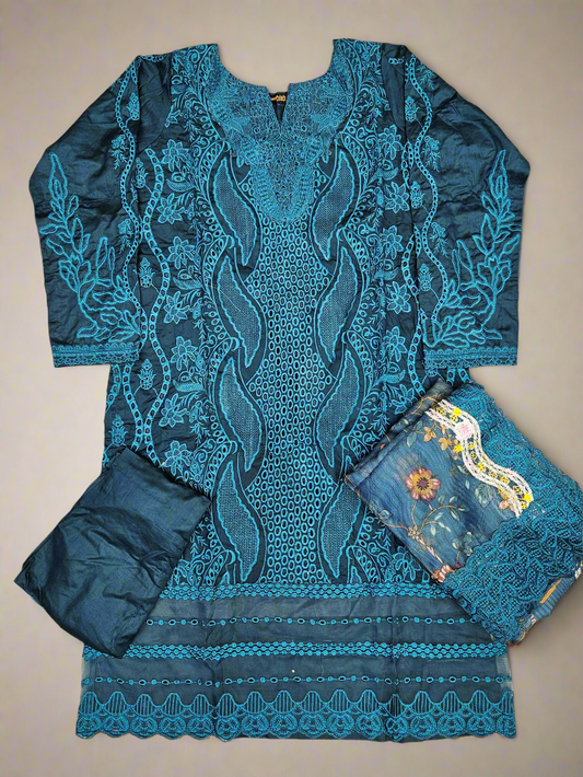 MB Teal Blue Laser-Cut Chikan Embroidery with Floral Dupatta