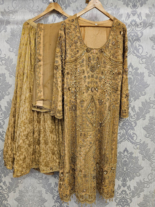 Beige gold wedding wear fancy kameez and lehenga