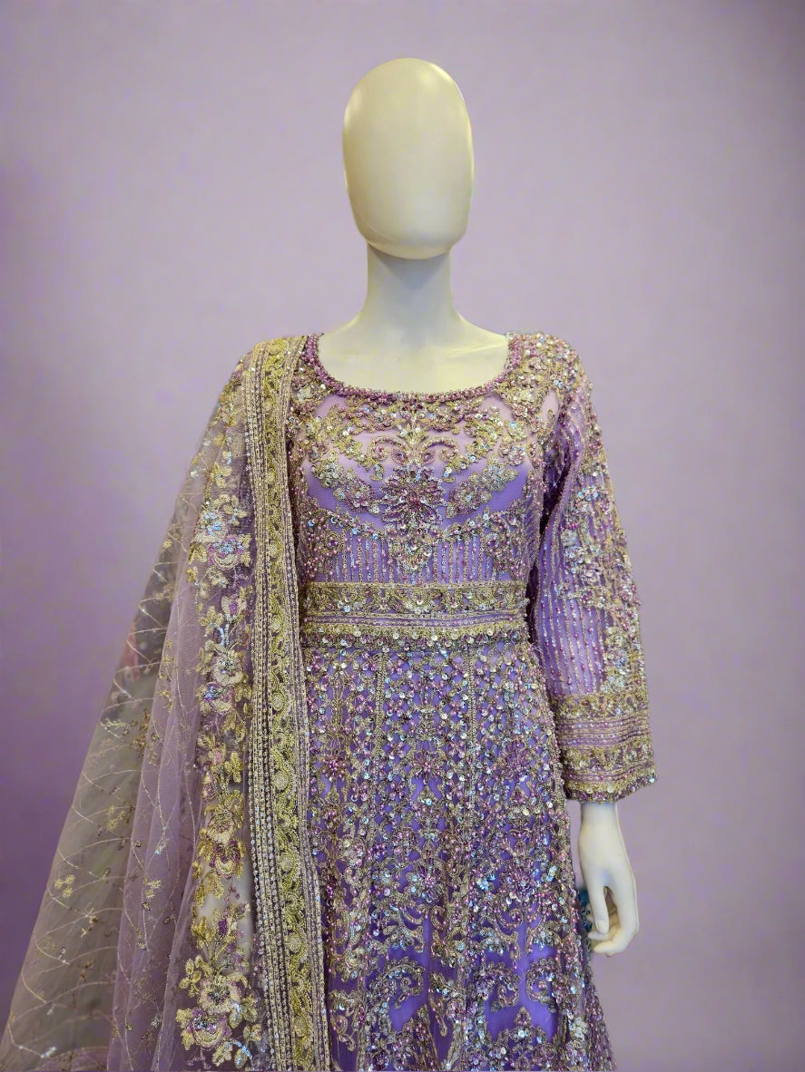 HSY Lavender Purple Pearl & Stone Hand‑Embellished Maxi Dress