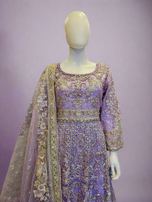 HSY Lavender Purple Pearl & Stone Hand‑Embellished Maxi Dress