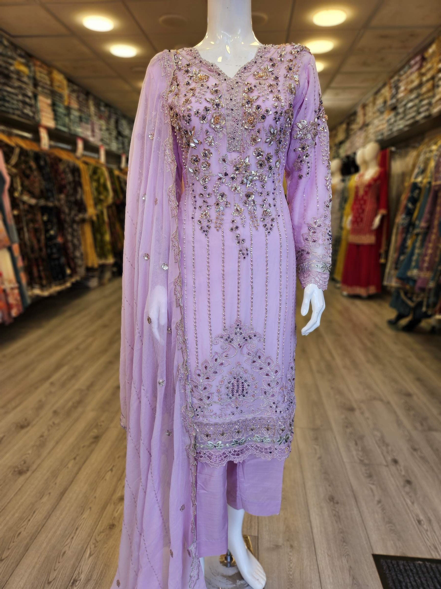 Pale Lilac Colour Hand‑Embellished Chiffon Shalwar Kameez