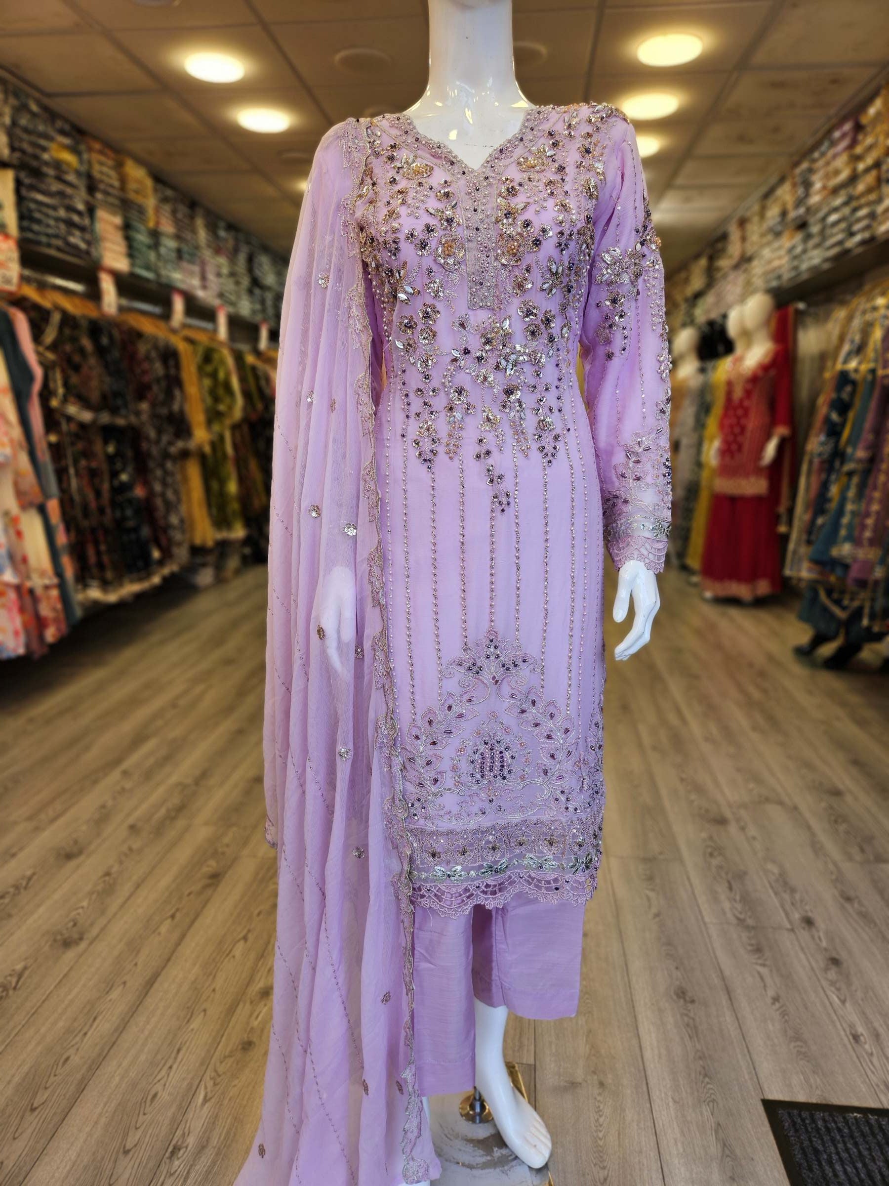 Pale Lilac Colour Hand‑Embellished Chiffon Shalwar Kameez
