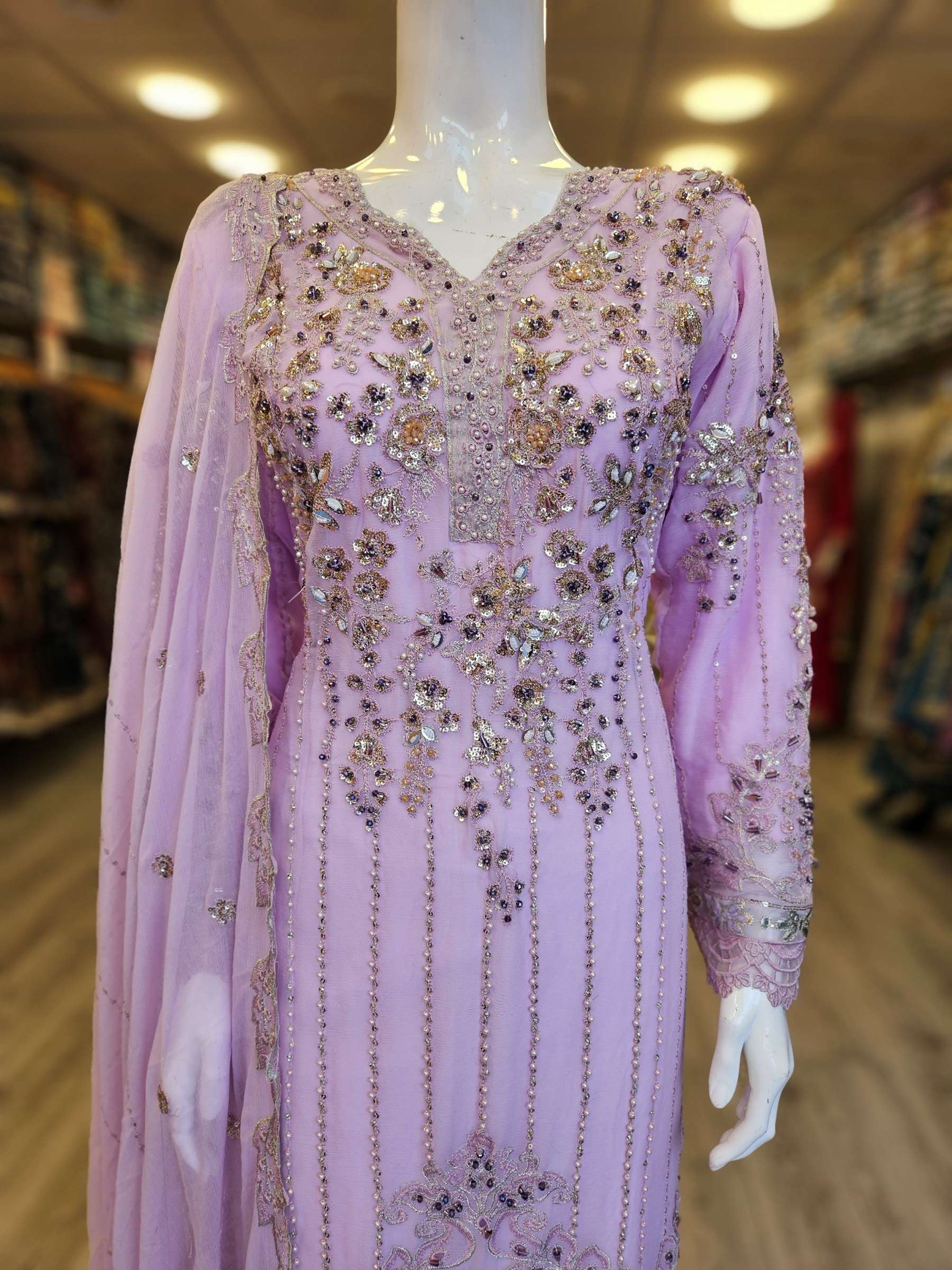 Pale Lilac Colour Hand‑Embellished Chiffon Shalwar Kameez
