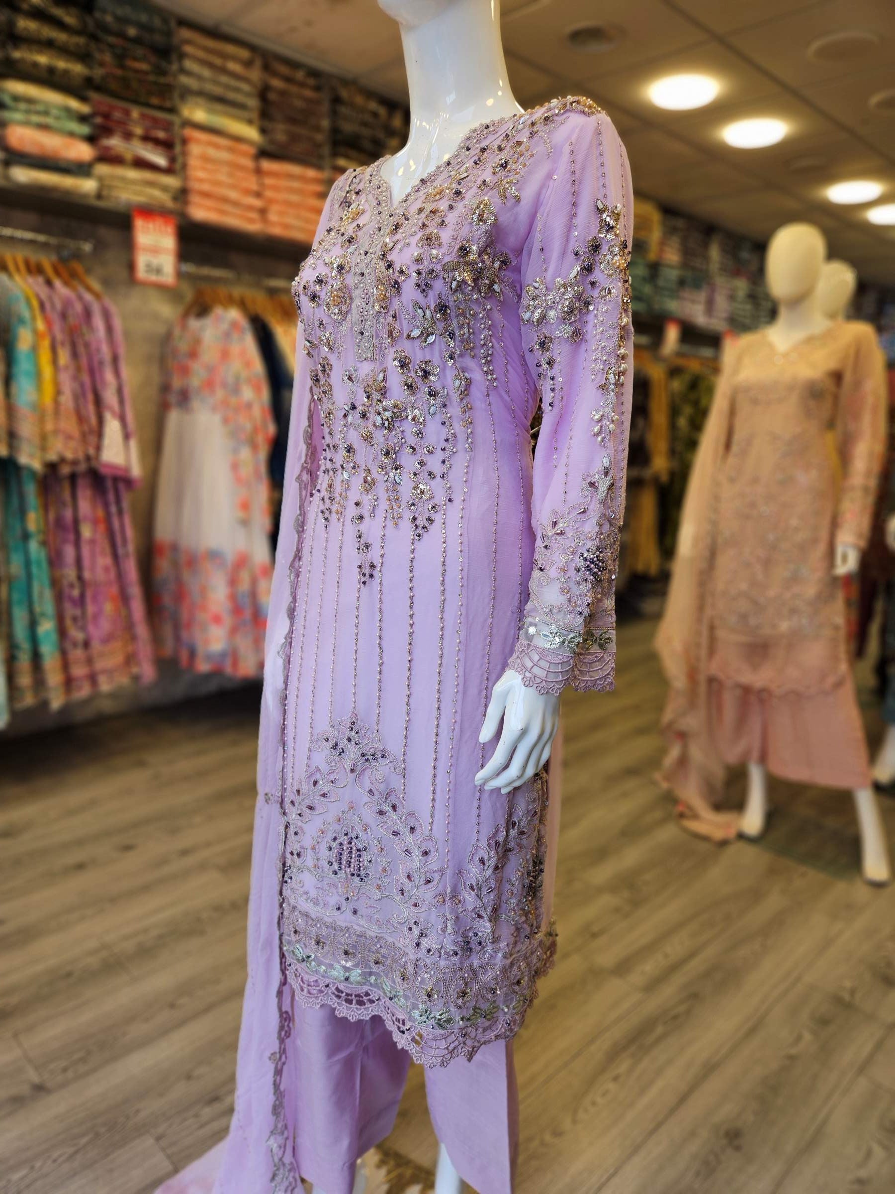 Pale Lilac Colour Hand‑Embellished Chiffon Shalwar Kameez