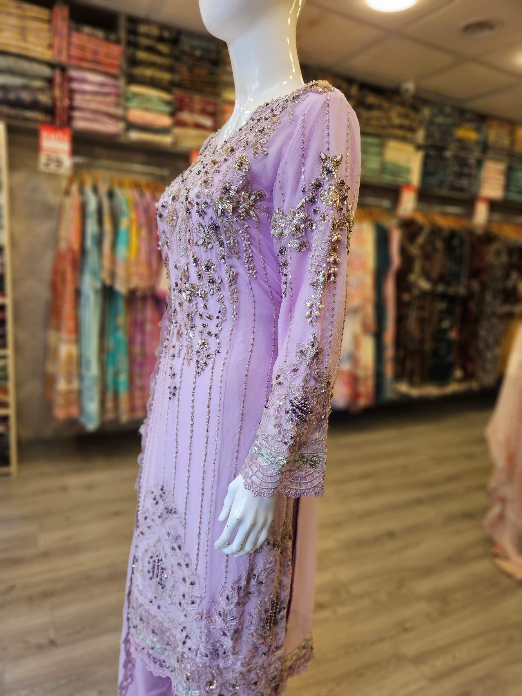 Pale Lilac Colour Hand‑Embellished Chiffon Shalwar Kameez