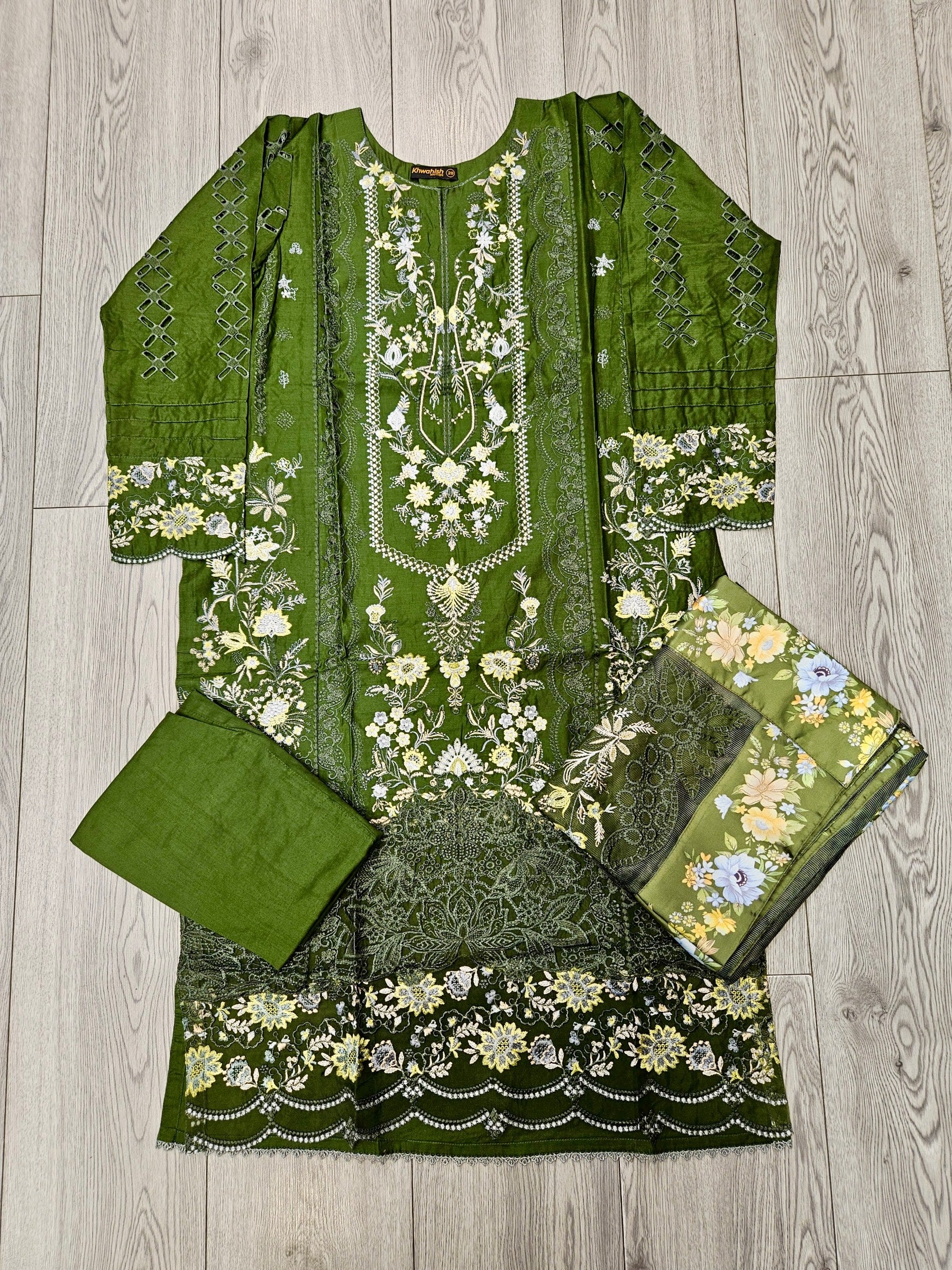 BRQ forest green floral print laser-cut embroidery cotton shalwar kameez