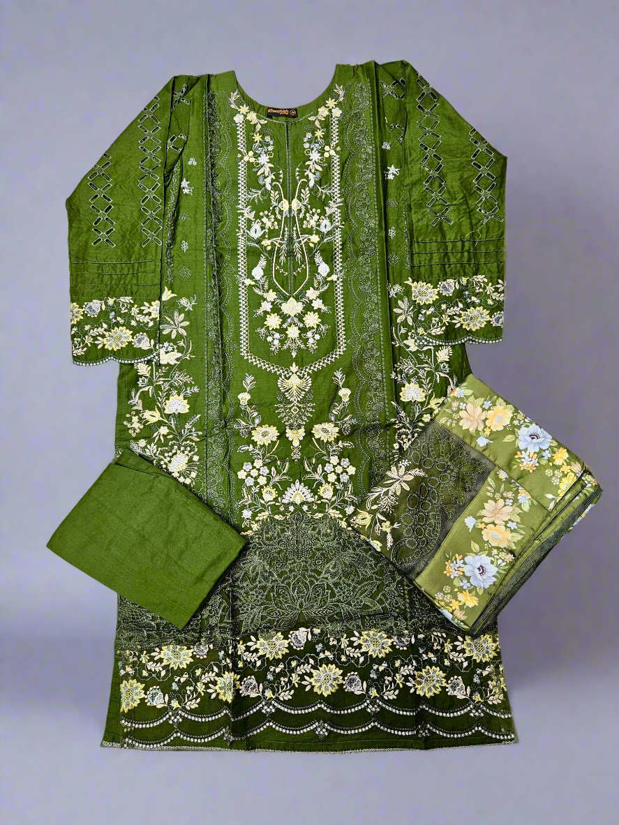 BRQ forest green floral print laser-cut embroidery cotton shalwar kameez