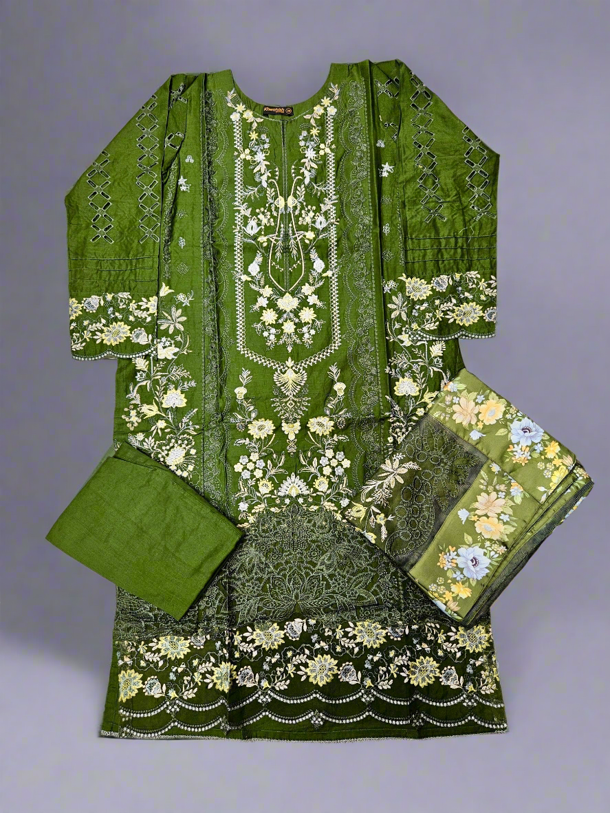 BRQ forest green floral print laser-cut embroidery cotton shalwar kameez
