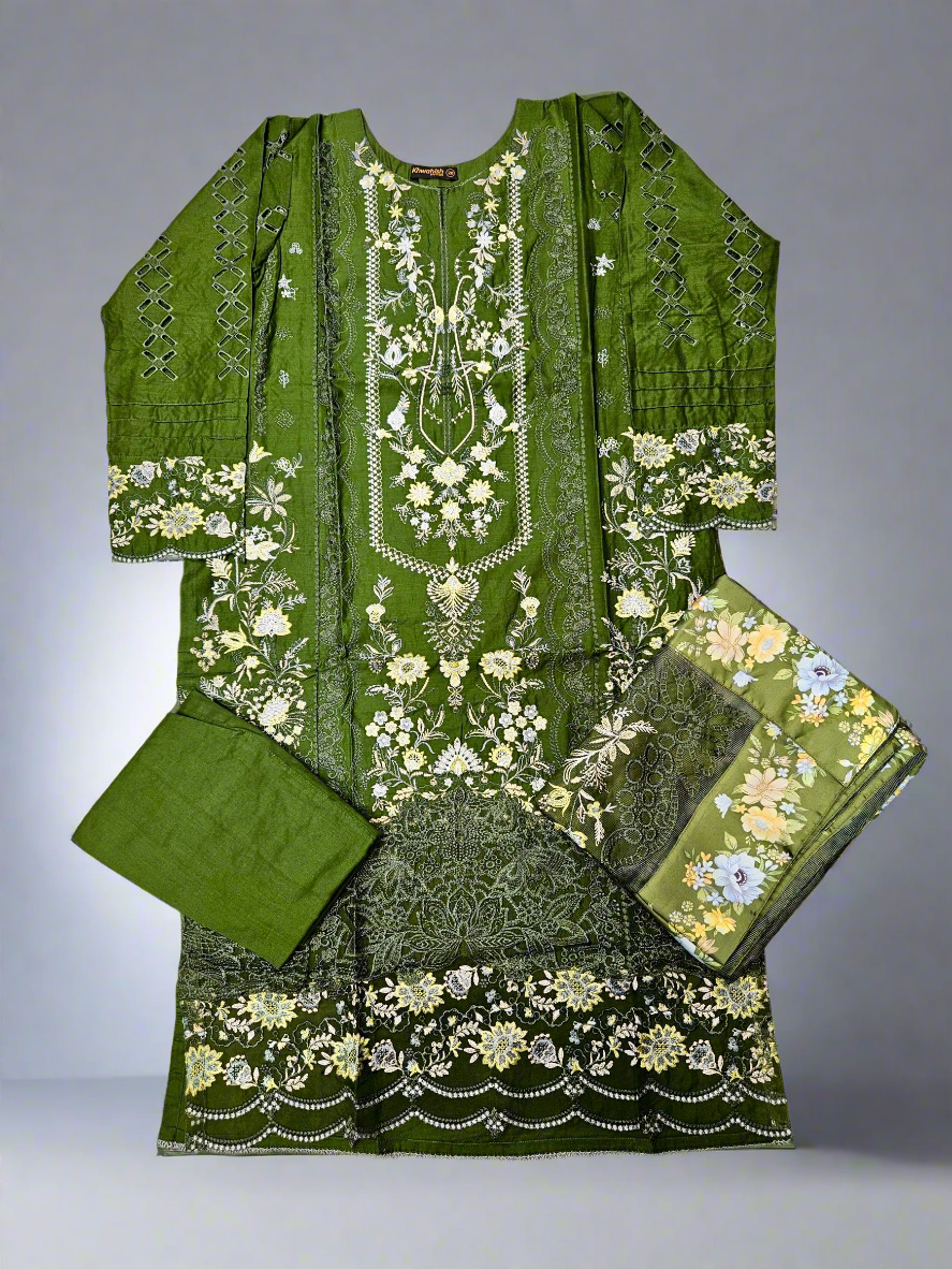 BRQ forest green floral print laser-cut embroidery cotton shalwar kameez