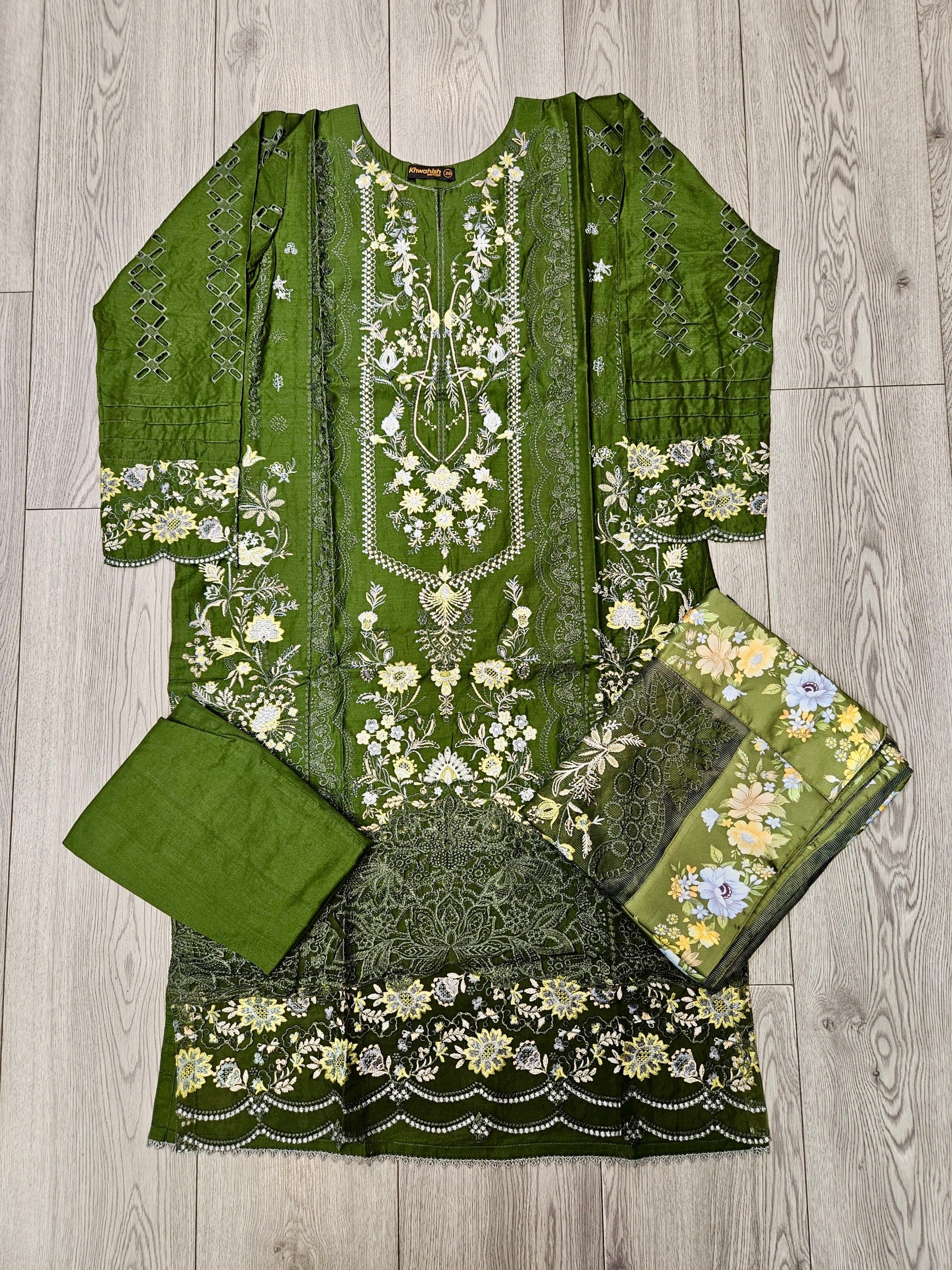 BRQ forest green floral print laser-cut embroidery cotton shalwar kameez