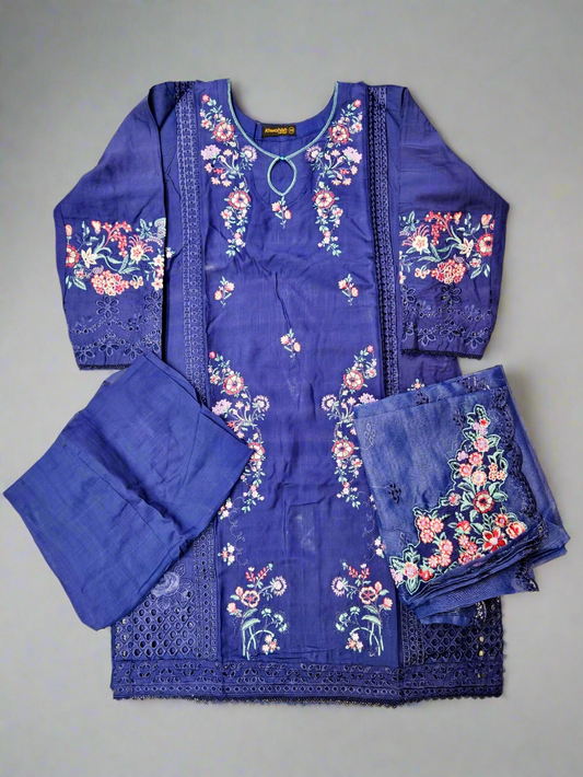 MB deep indigo and candy red laser-cut embroidered cotton shalwar kameez