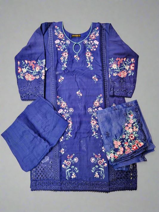 MB deep indigo and candy red laser-cut embroidered cotton shalwar kameez