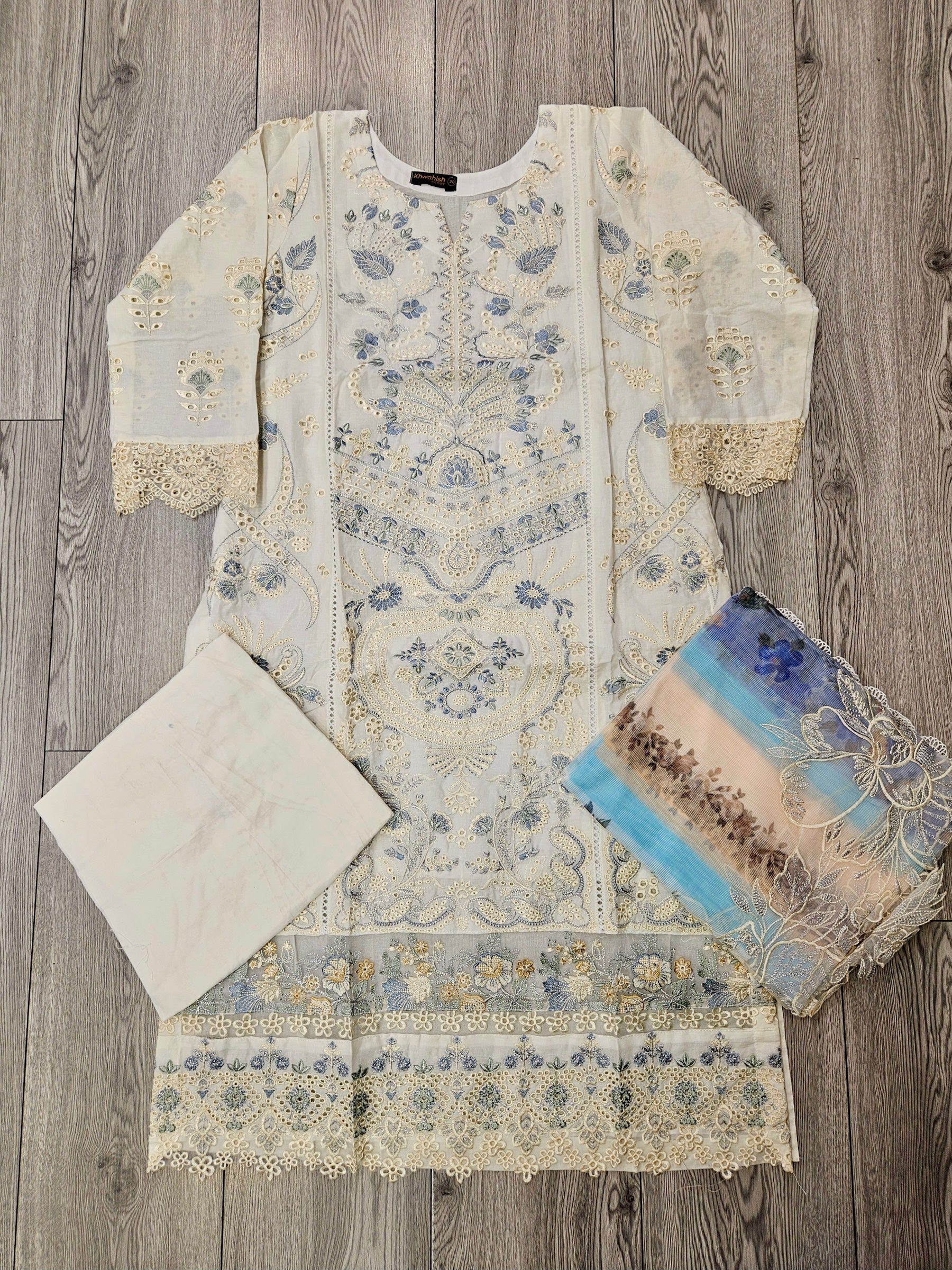 BRQ off-white and blue grey floral print laser-cut embroidery cotton shalwar kameez