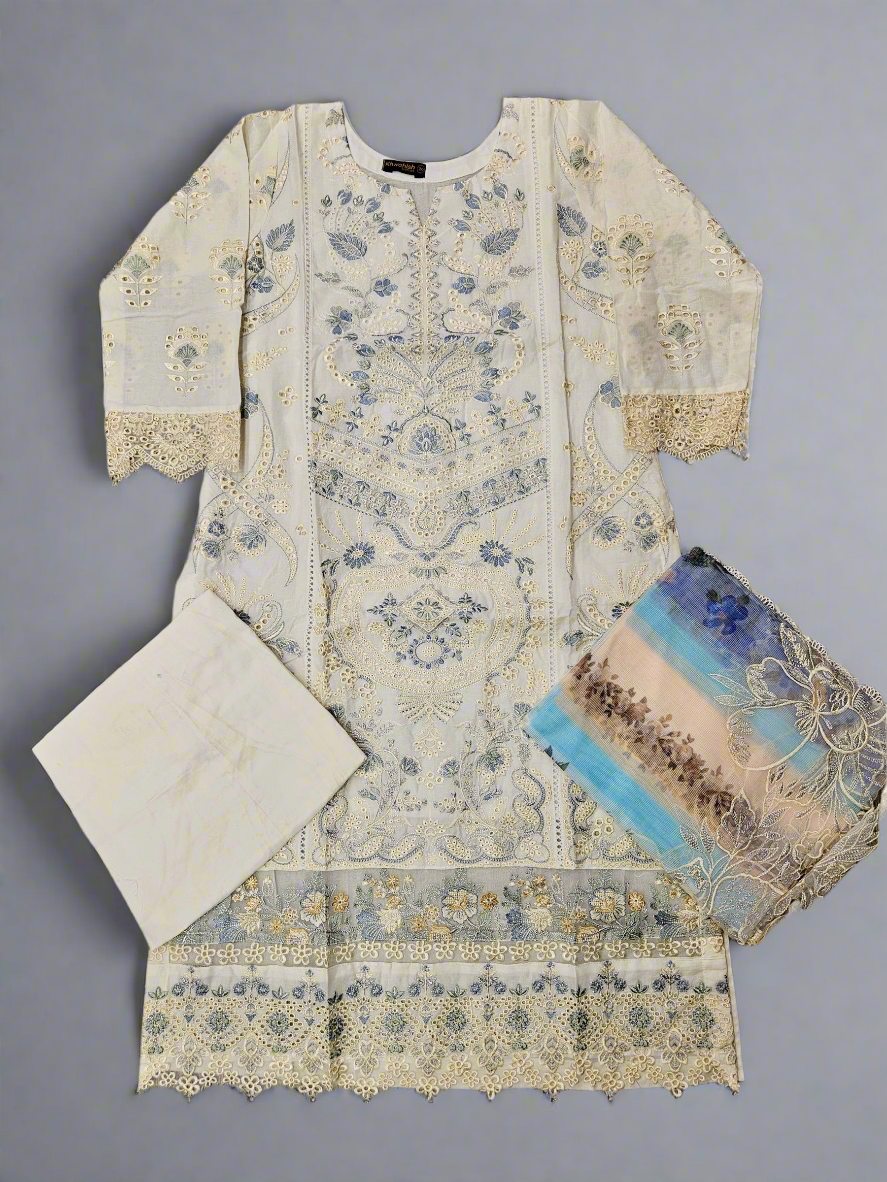 BRQ off-white and blue grey floral print laser-cut embroidery cotton shalwar kameez