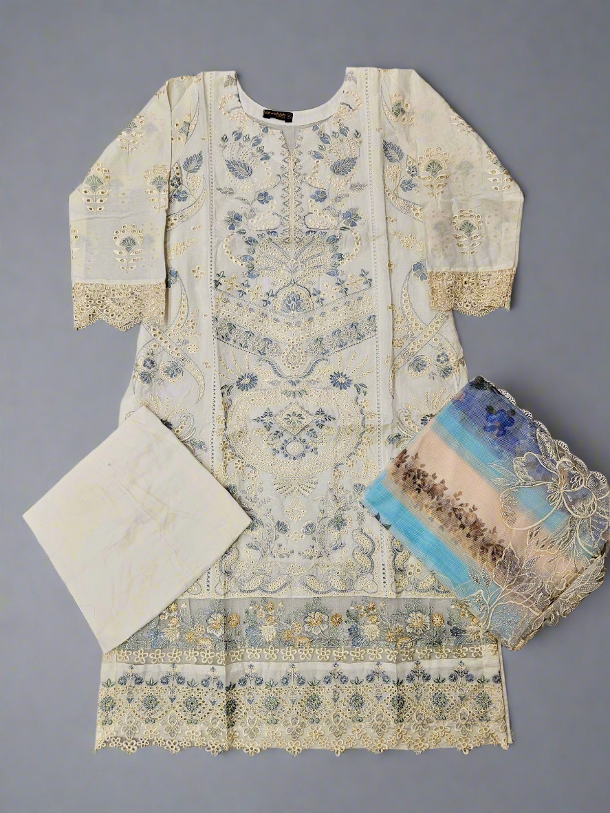 BRQ off-white and blue grey floral print laser-cut embroidery cotton shalwar kameez