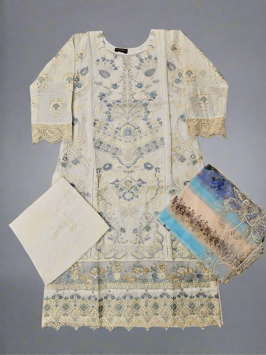 BRQ off-white and blue grey floral print laser-cut embroidery cotton shalwar kameez