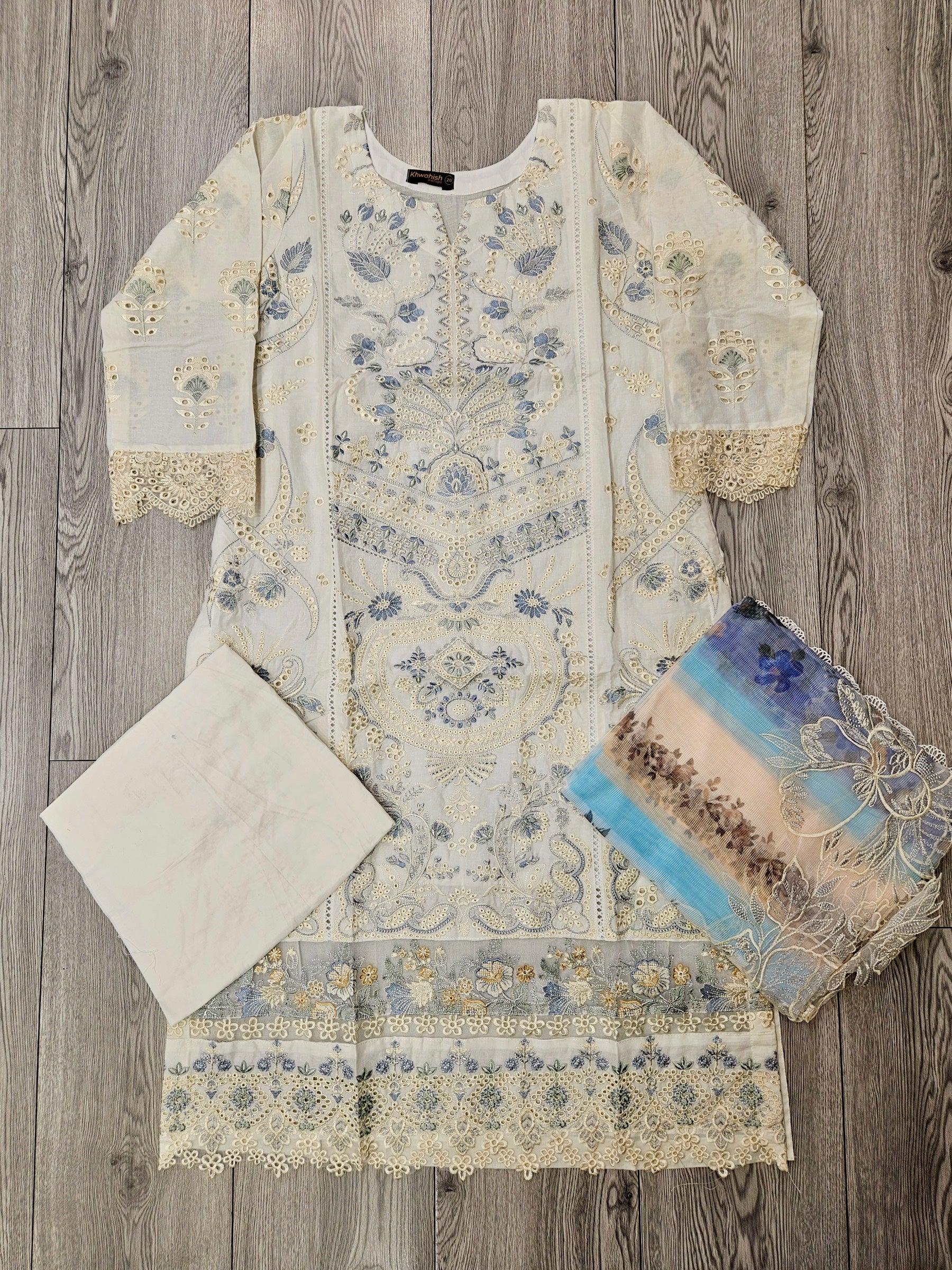 BRQ off-white and blue grey floral print laser-cut embroidery cotton shalwar kameez