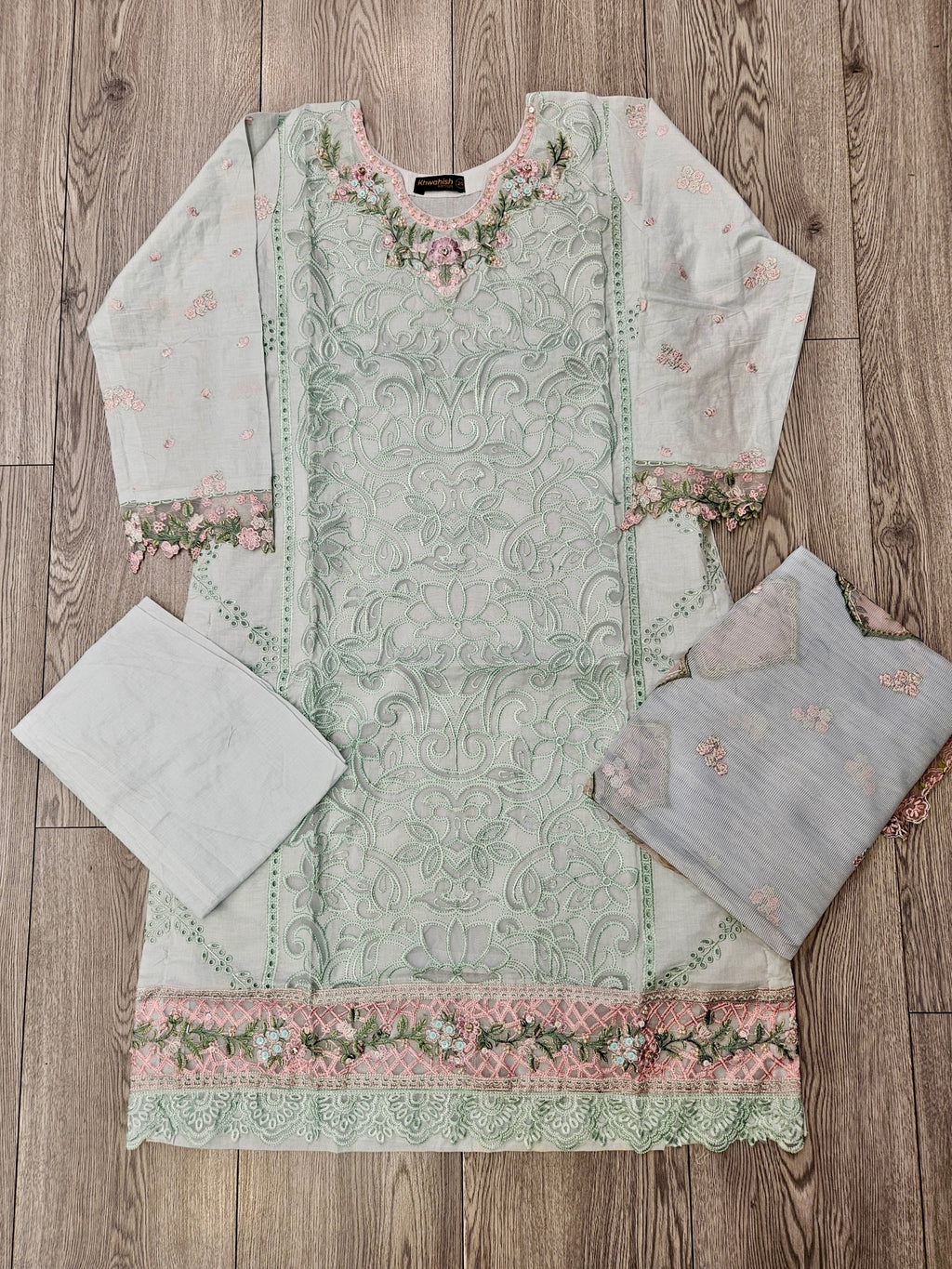 BRQ robin egg blue and salmon pink laser-cut chikan embroidery cotton shalwar kameez