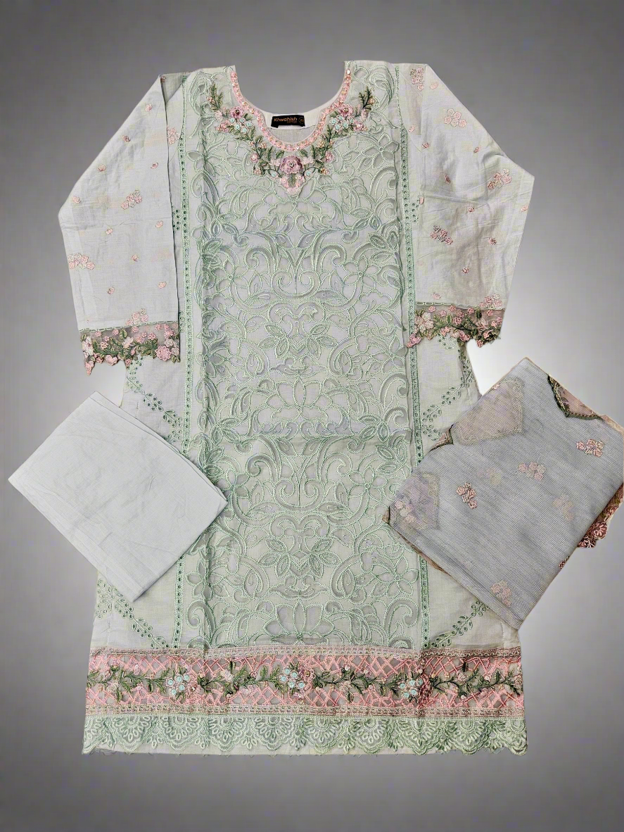 BRQ robin egg blue and salmon pink laser-cut chikan embroidery cotton shalwar kameez