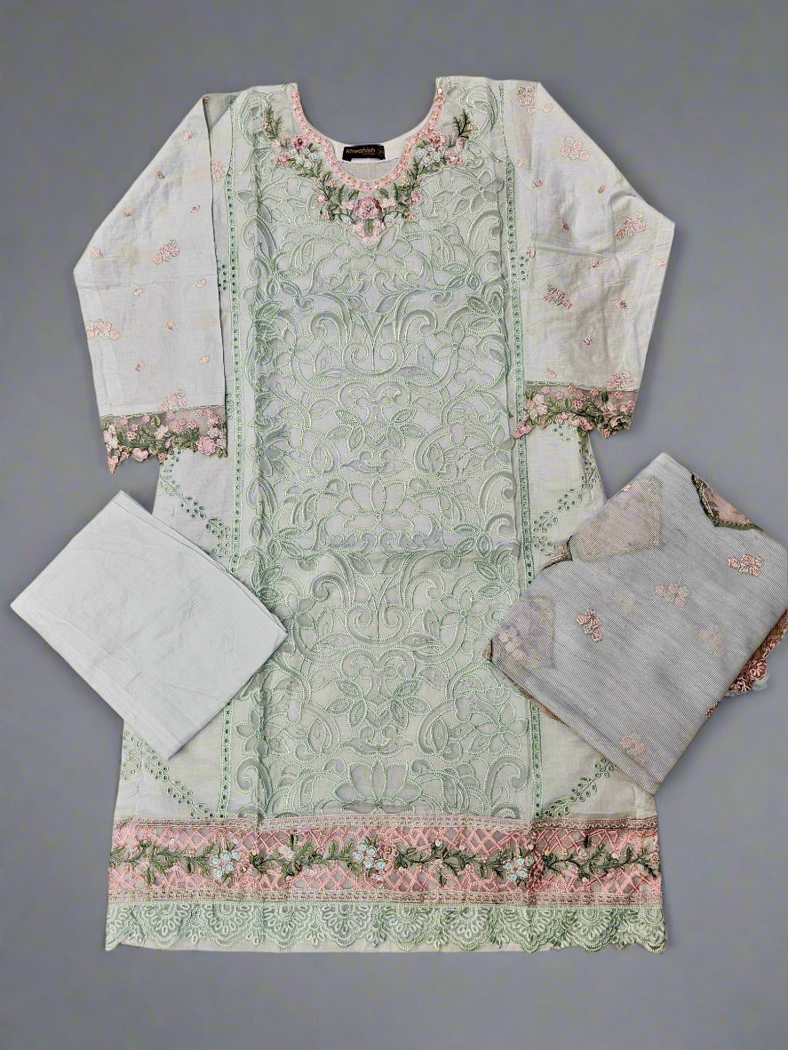 BRQ robin egg blue and salmon pink laser-cut chikan embroidery cotton shalwar kameez