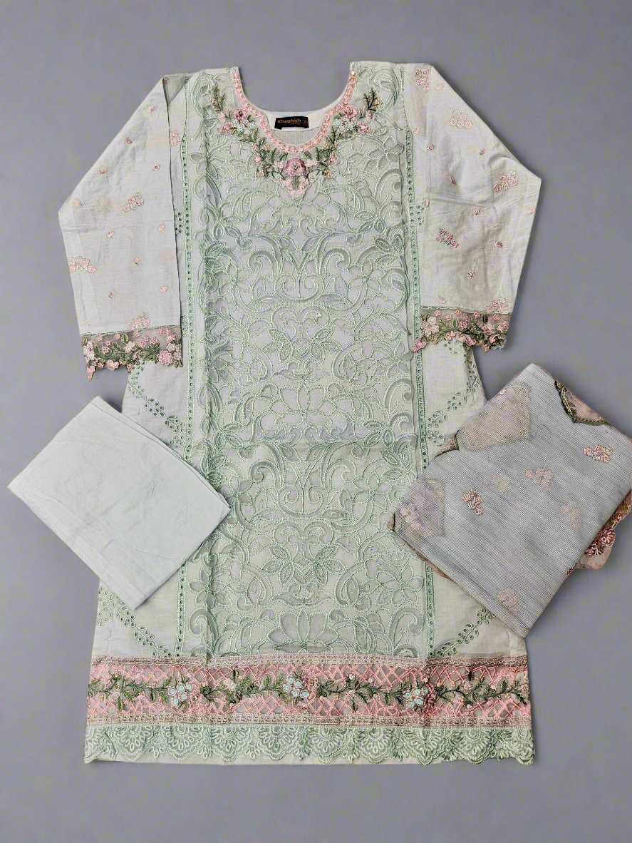 BRQ robin egg blue and salmon pink laser-cut chikan embroidery cotton shalwar kameez