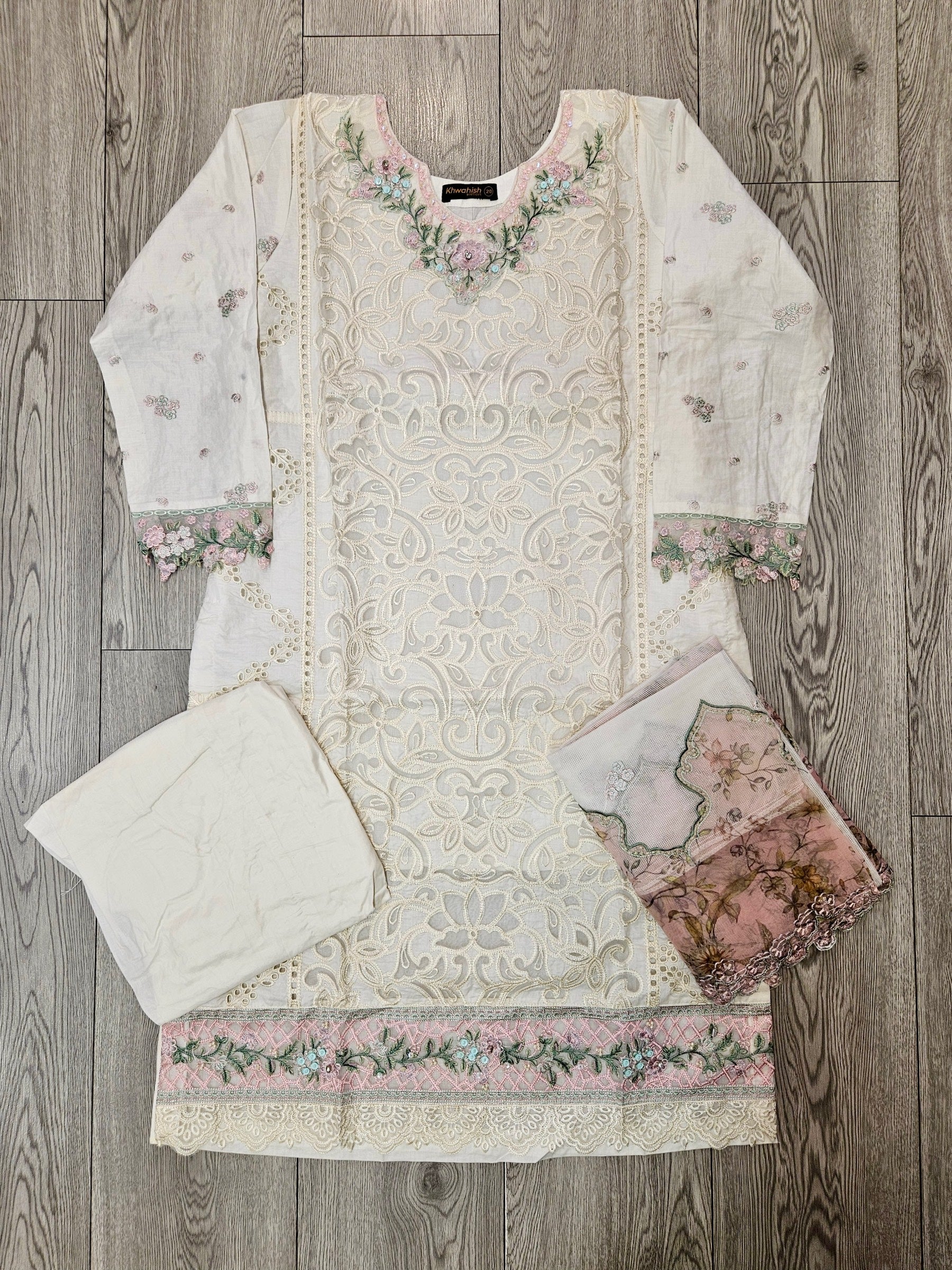 BRQ white and salmon pink laser-cut chikan embroidery cotton shalwar kameez