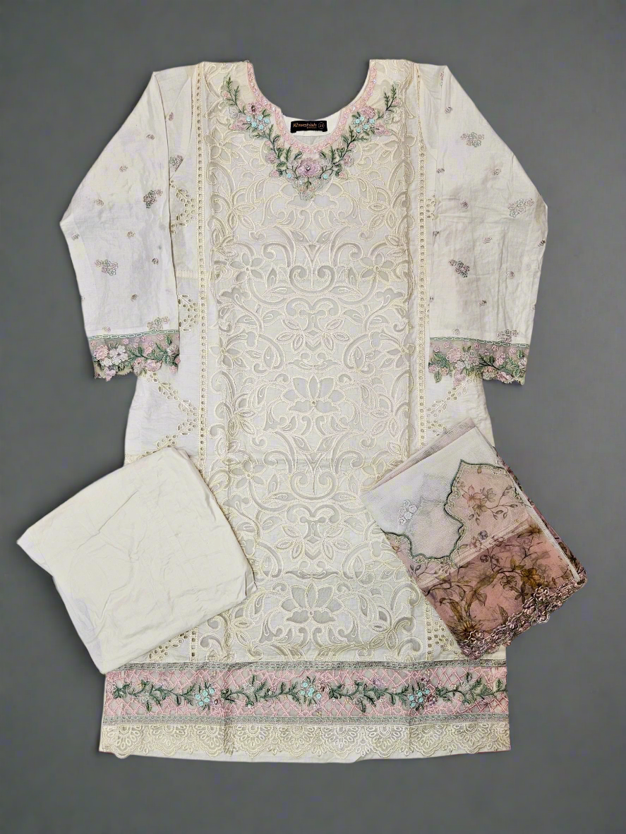 BRQ white and salmon pink laser-cut chikan embroidery cotton shalwar kameez