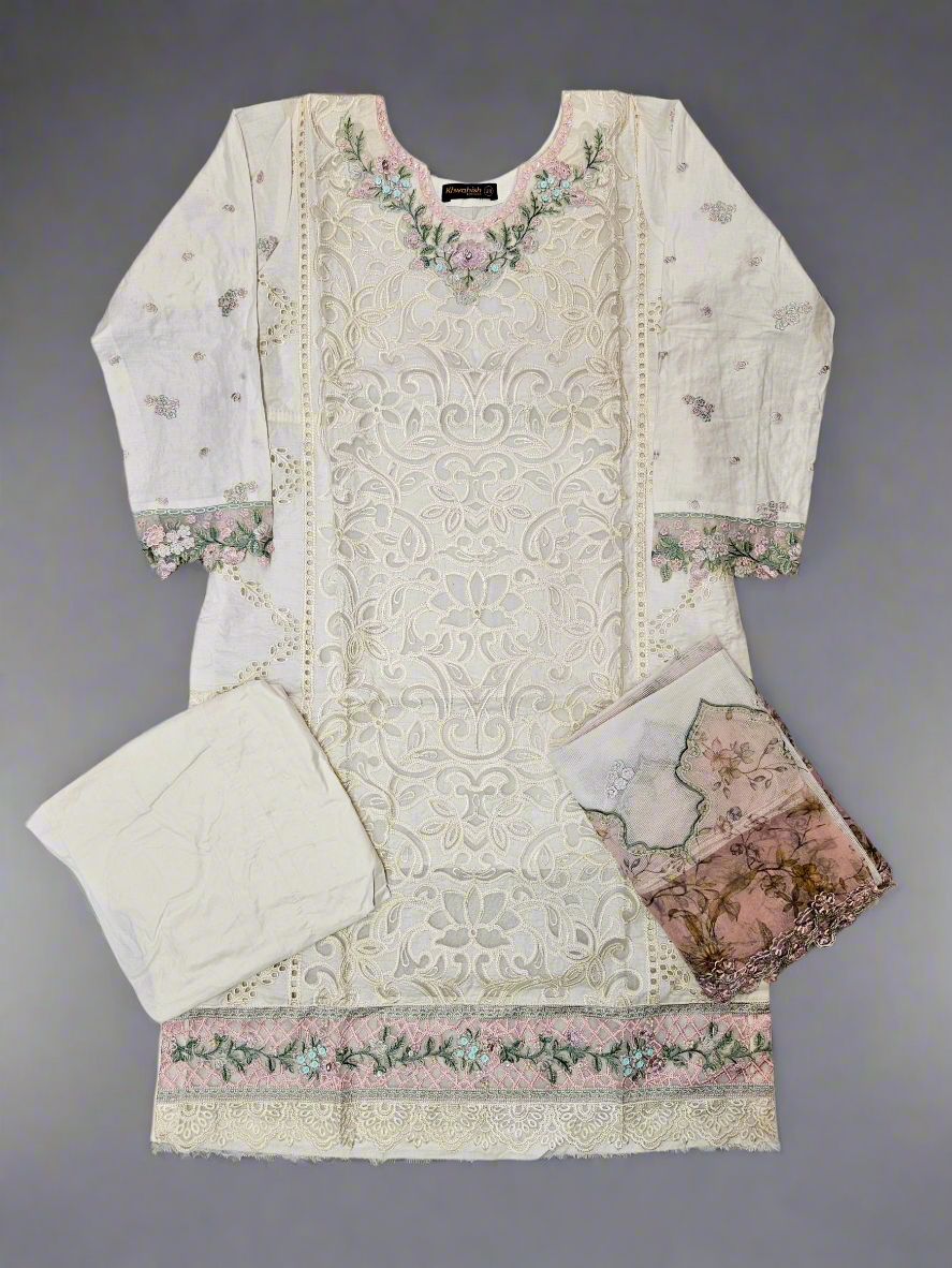 BRQ white and salmon pink laser-cut chikan embroidery cotton shalwar kameez