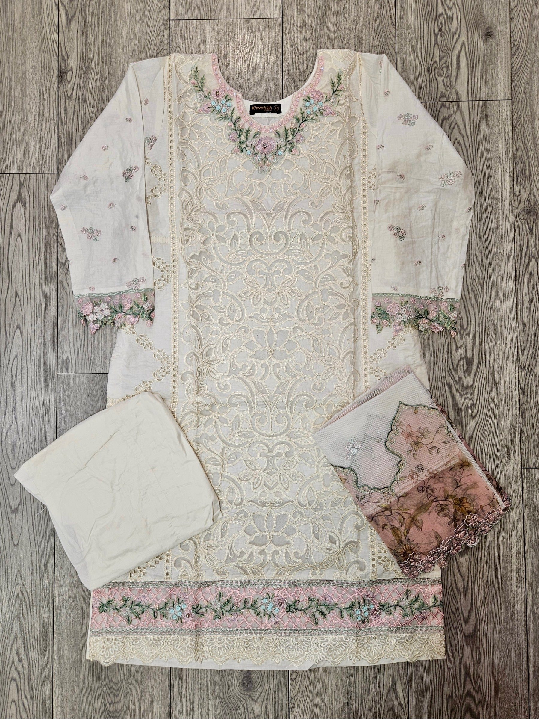 BRQ white and salmon pink laser-cut chikan embroidery cotton shalwar kameez