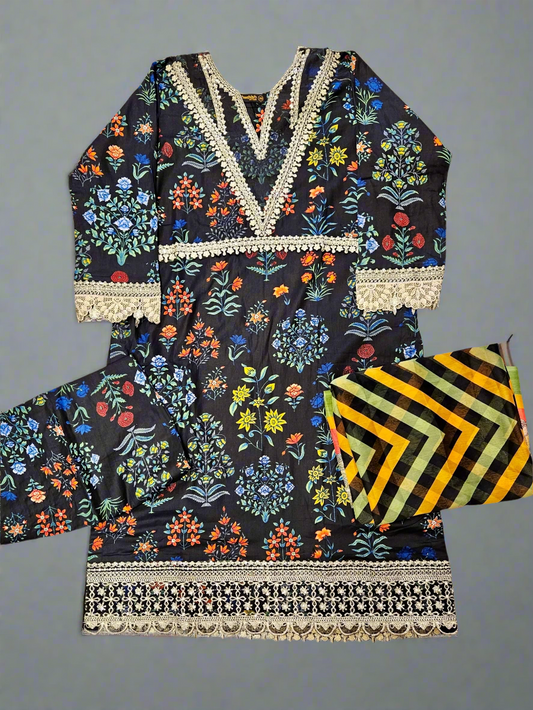 MB black and cobalt blue colour floral print cotton shalwar kameez