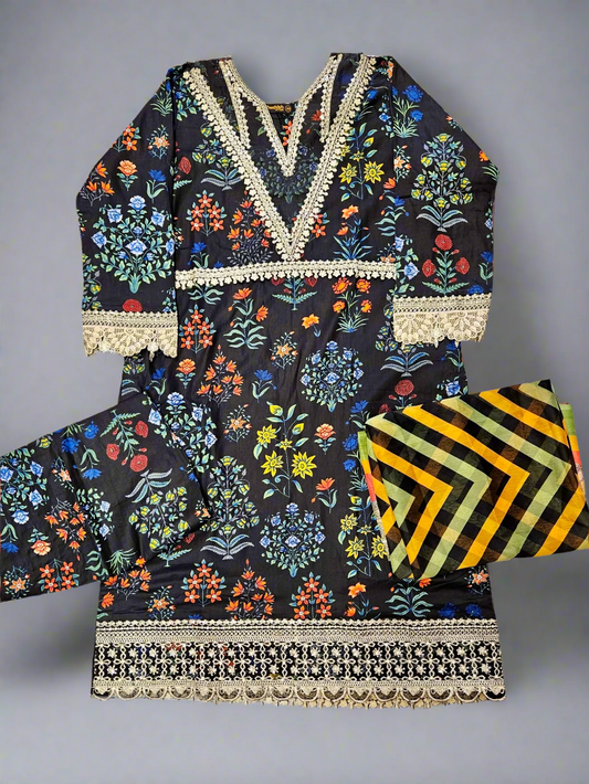 MB black and cobalt blue colour floral print cotton shalwar kameez