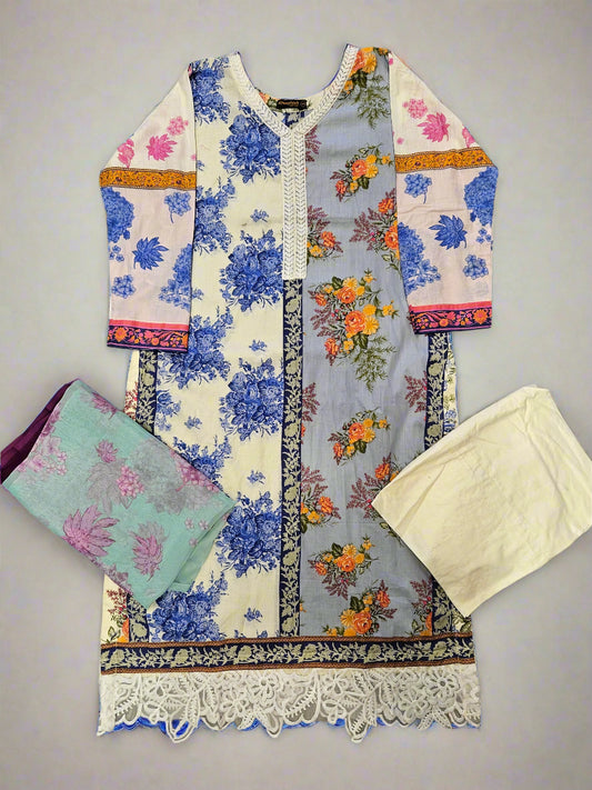SS white and blue floral print cotton shalwar kameez