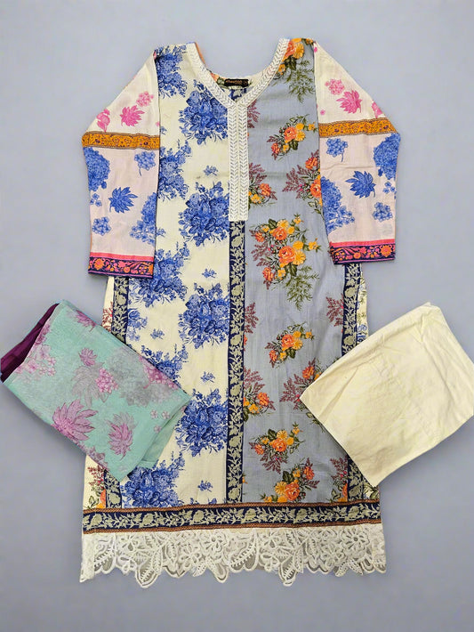 Floral patterned garment with lace trim on a wooden surface