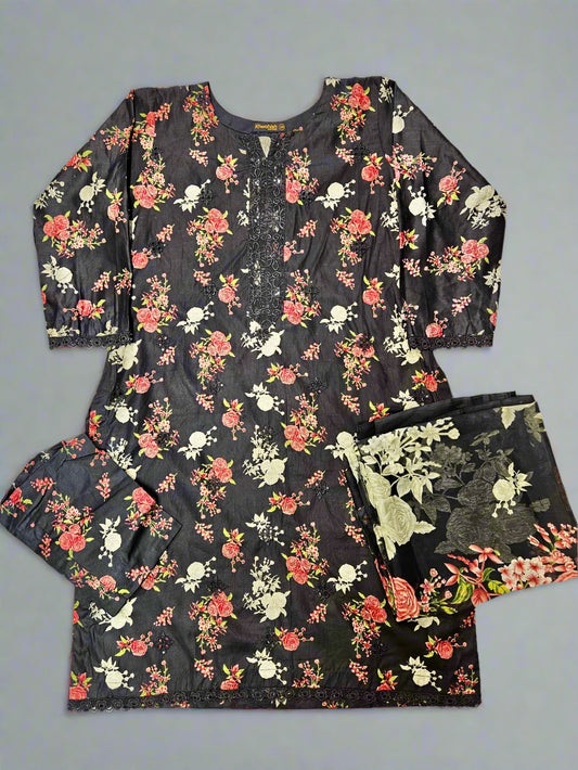 IZK black and crimson red colour floral print cotton shalwar kameez