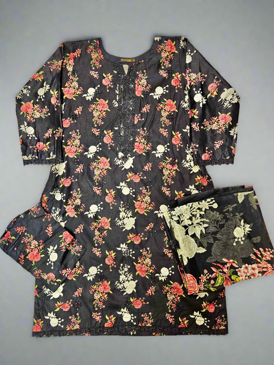 IZK black and crimson red colour floral print cotton shalwar kameez