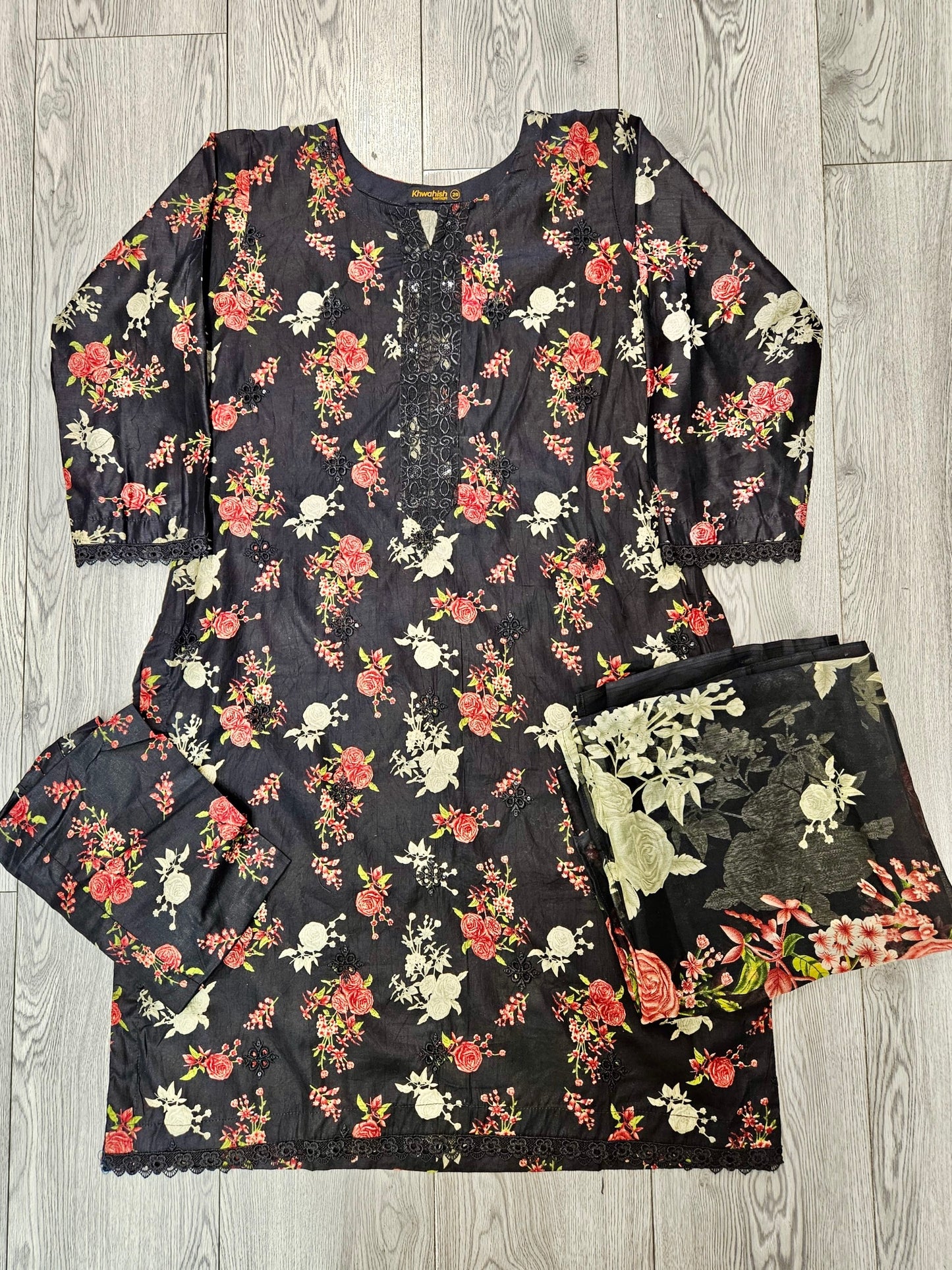 IZK black and crimson red colour floral print cotton shalwar kameez