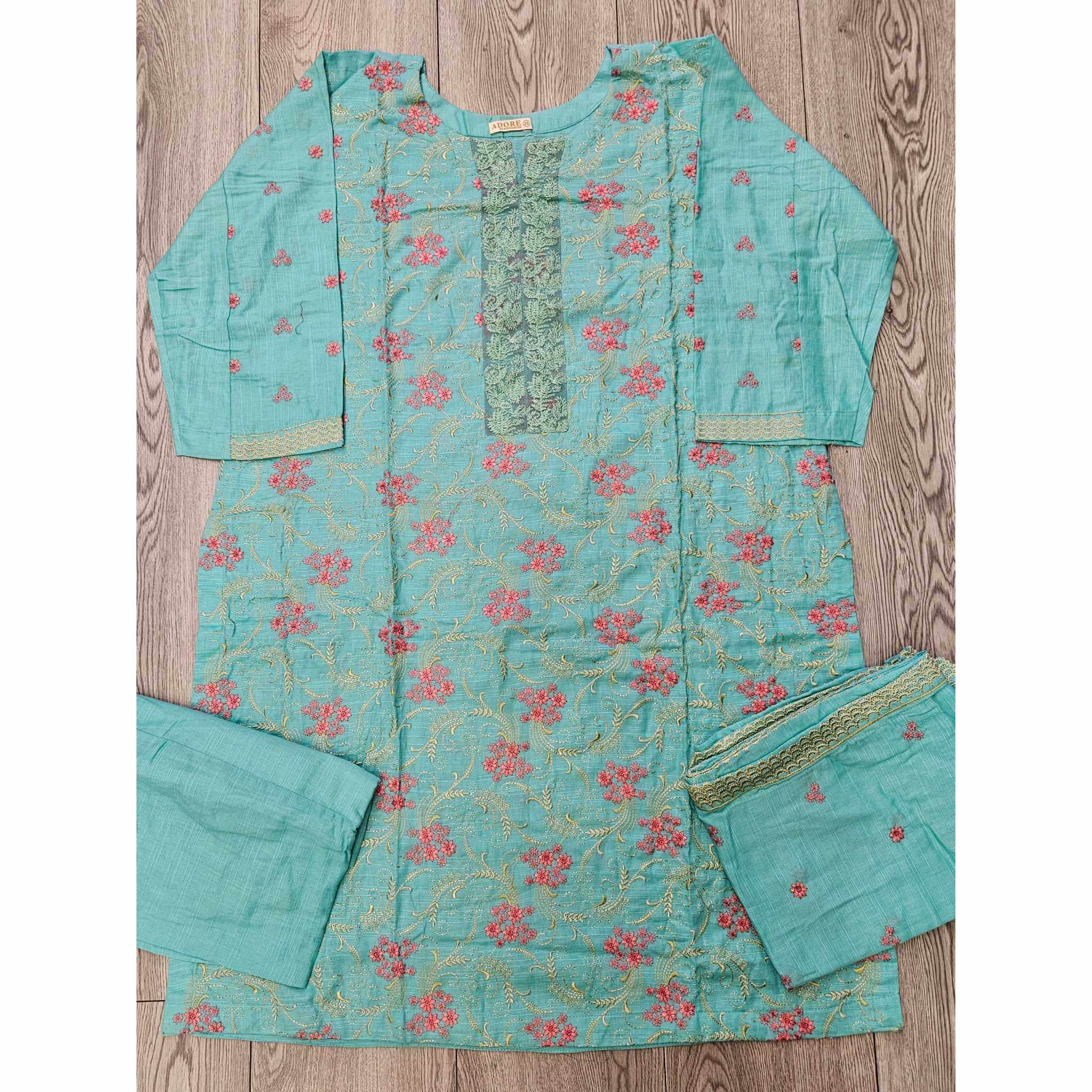 Sea Green Khaddar Winter Shalwar Kameez | Thread Embroidery | Sizes 2XL-4XL
