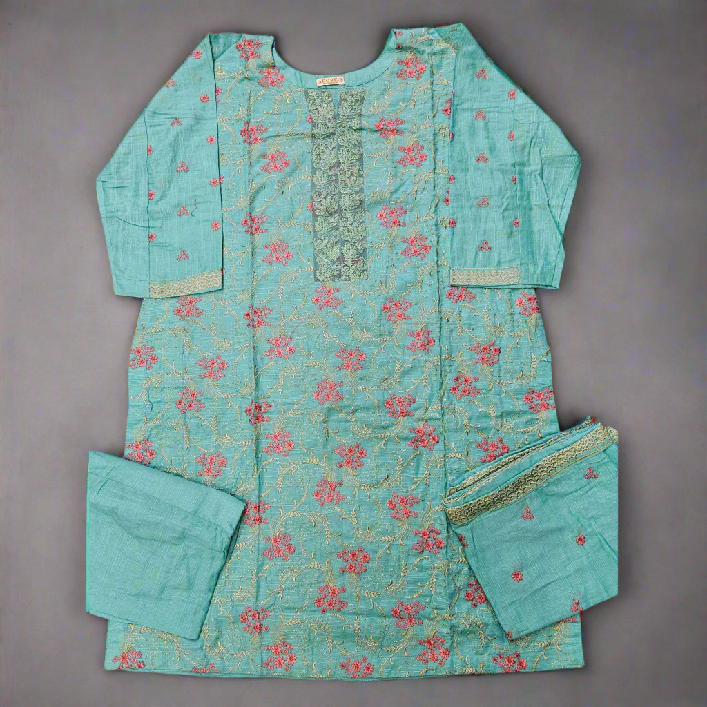 Sea Green Khaddar Winter Shalwar Kameez | Thread Embroidery | Sizes 2XL-4XL