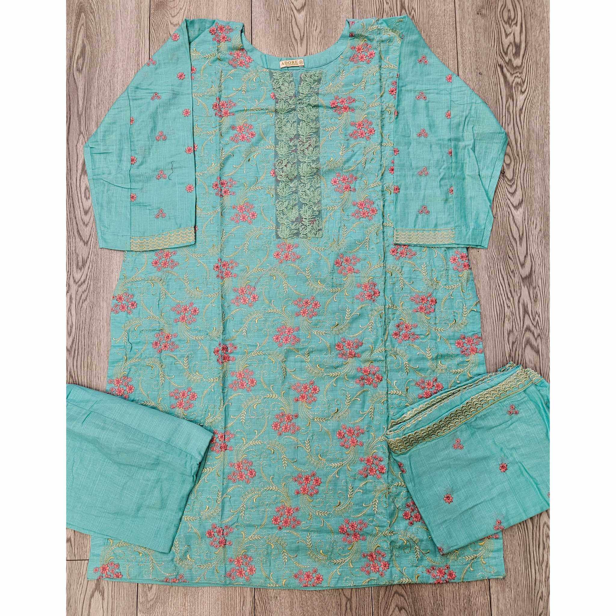 Sea Green Khaddar Winter Shalwar Kameez | Thread Embroidery | Sizes 2XL-4XL