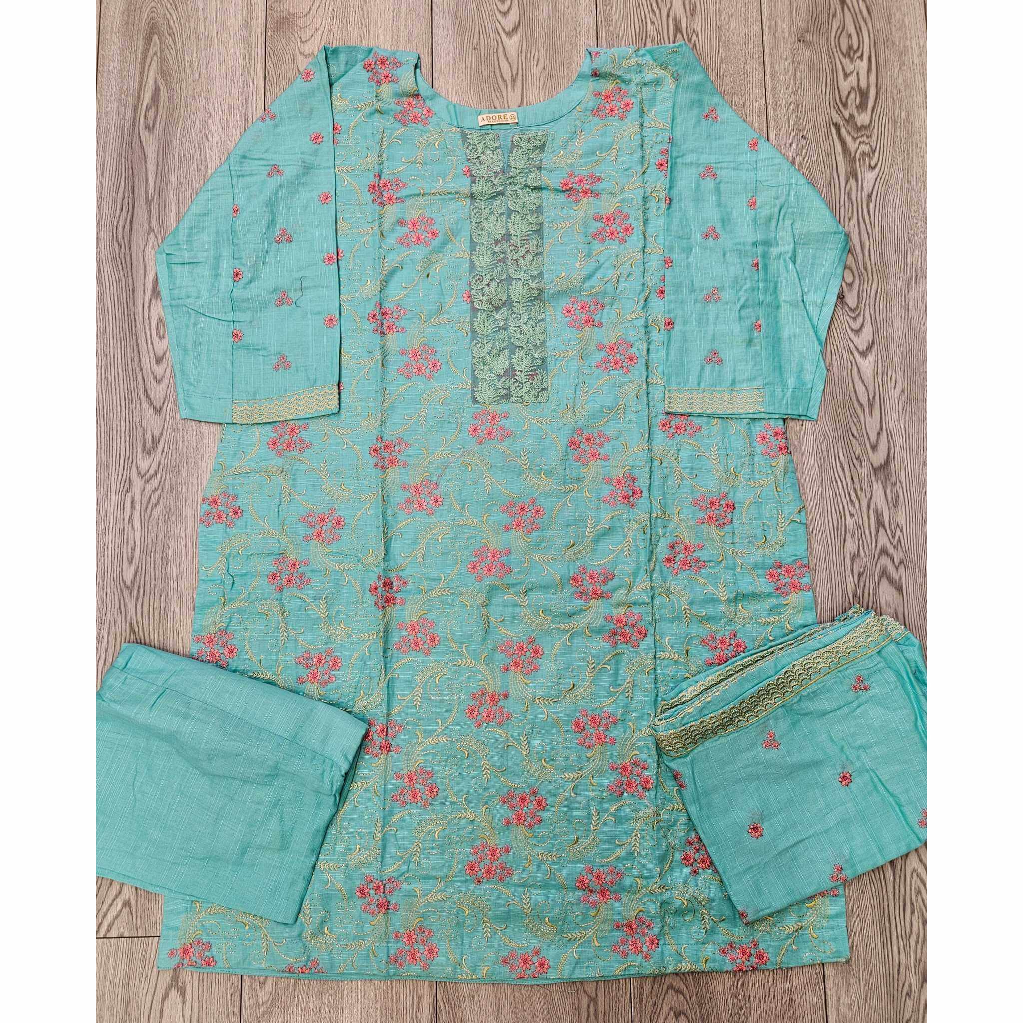 Sea Green Khaddar Winter Shalwar Kameez | Thread Embroidery | Sizes 2XL-4XL