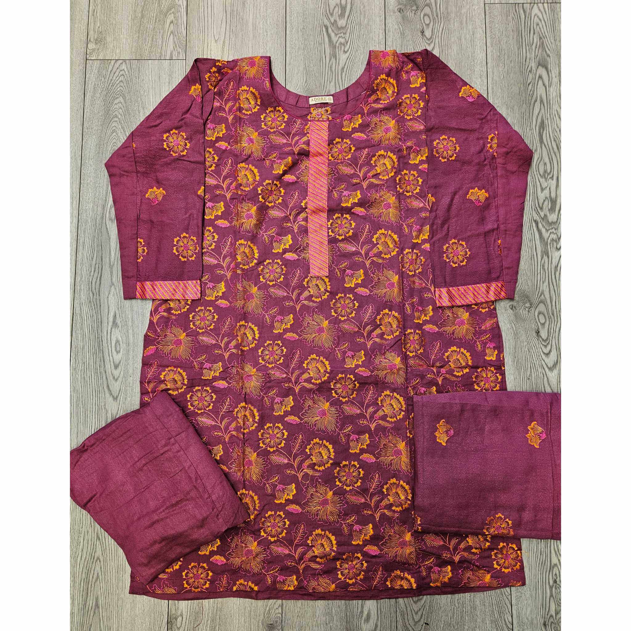 Royal Harvest: Plum Magenta & Orange Bareeze Embroidered Dhanak Suit (Small-7XL)