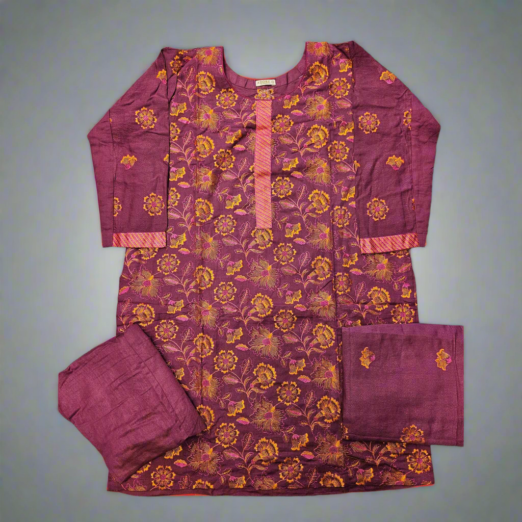 Royal Harvest: Plum Magenta & Orange Bareeze Embroidered Dhanak Suit (Small-7XL)