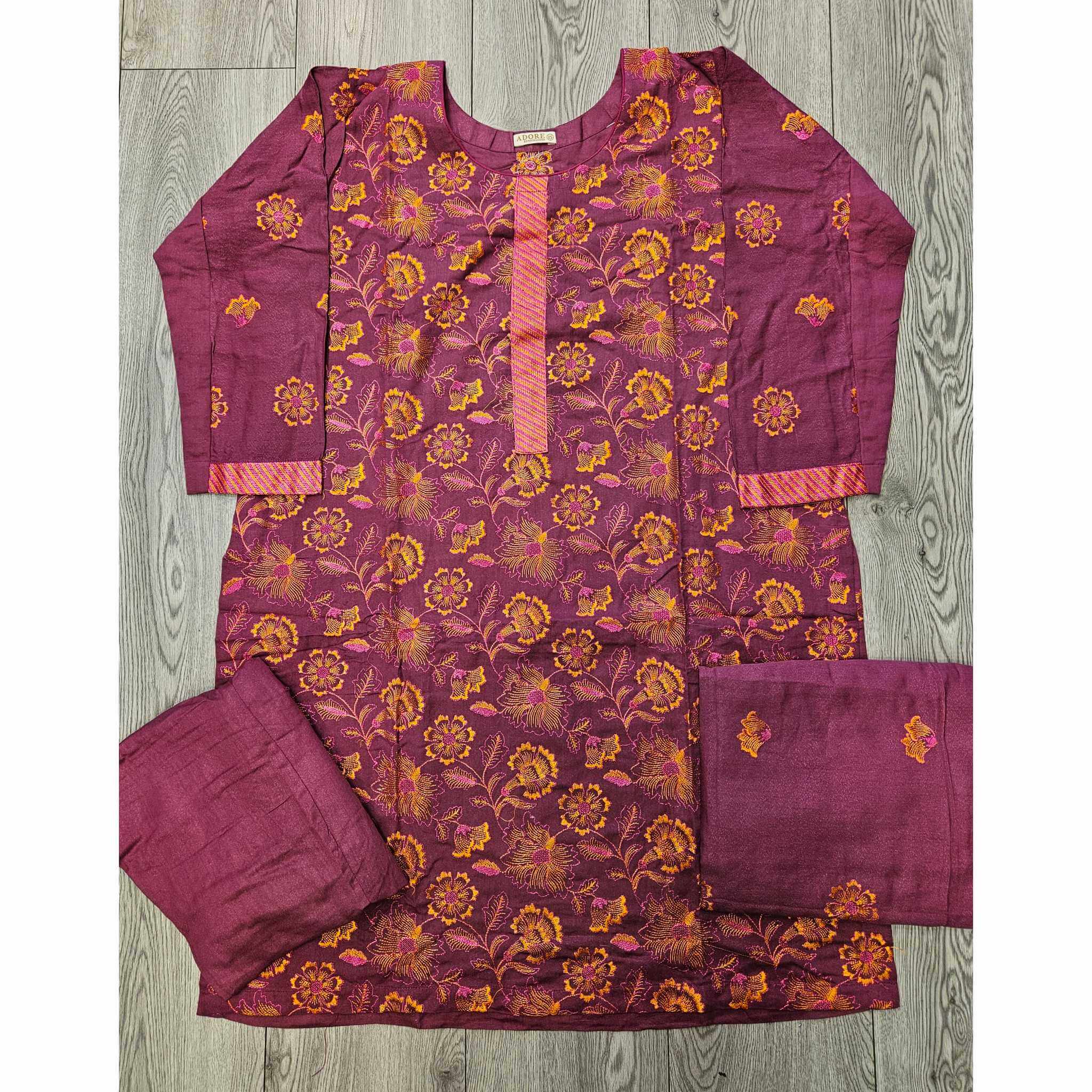 Royal Harvest: Plum Magenta & Orange Bareeze Embroidered Dhanak Suit (Small-7XL)